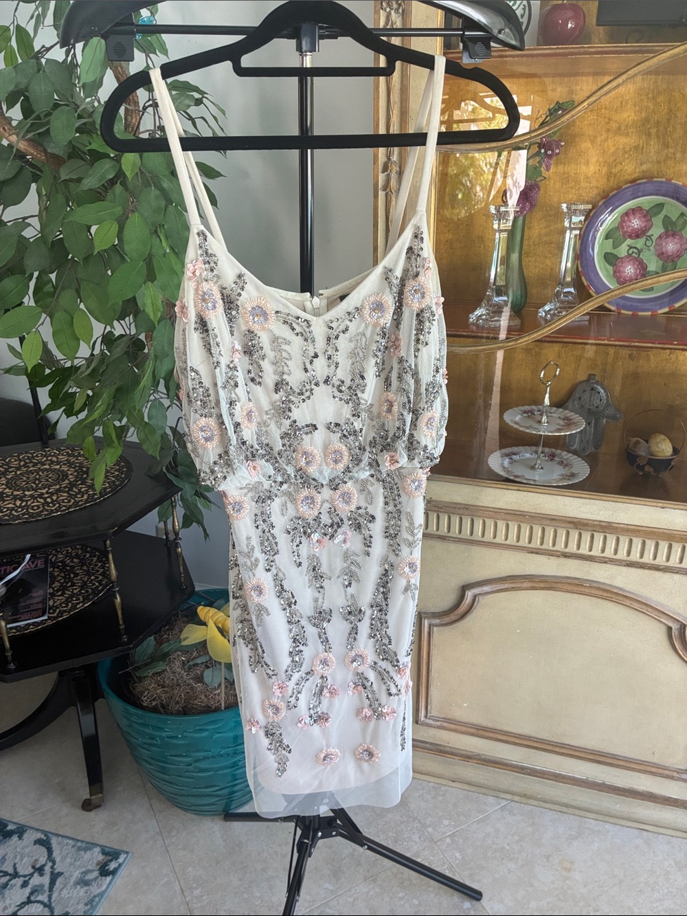 Adrianna Papell floral embroidered sequined and beaded cocktail dress